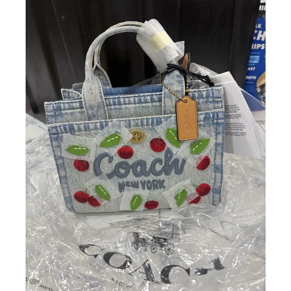 B17-008 NWT Coach Cargo Tote Bag 20 with Cherry Embroidery CDY91 Denim Multi
